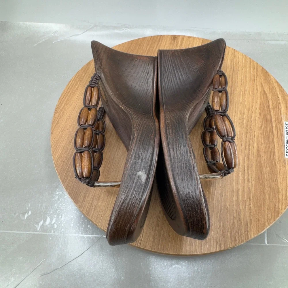 Bongo Wedge Platform Sandals Brown Beaded Y2K Boho Bohemian Summer Thong Heels